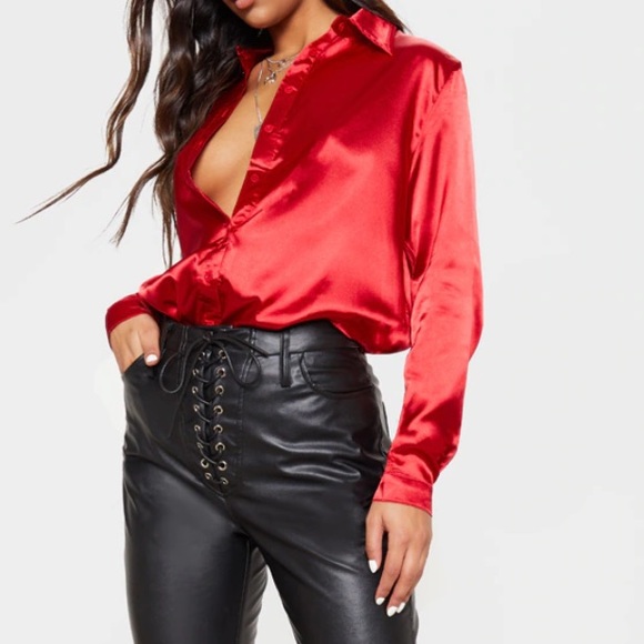 Red Satin Button Front Shirt - Picture 3 of 5